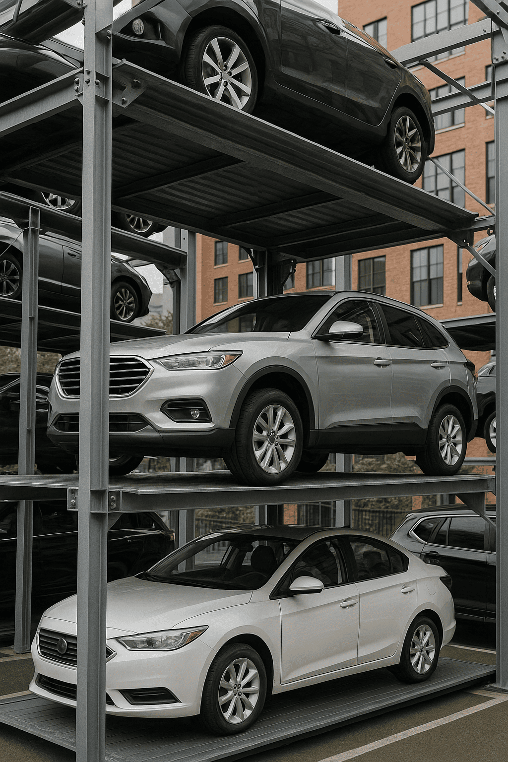 Torre de estacionamiento automatizado elevando vehículos