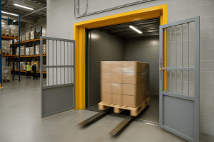 elevador montacargas en almacén funcionando