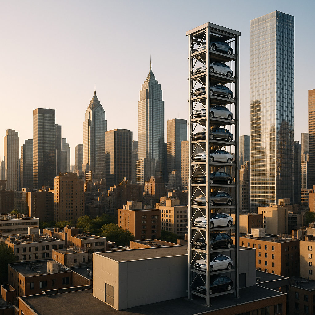 Skyline urbano con torre vertical de estacionamiento destacada