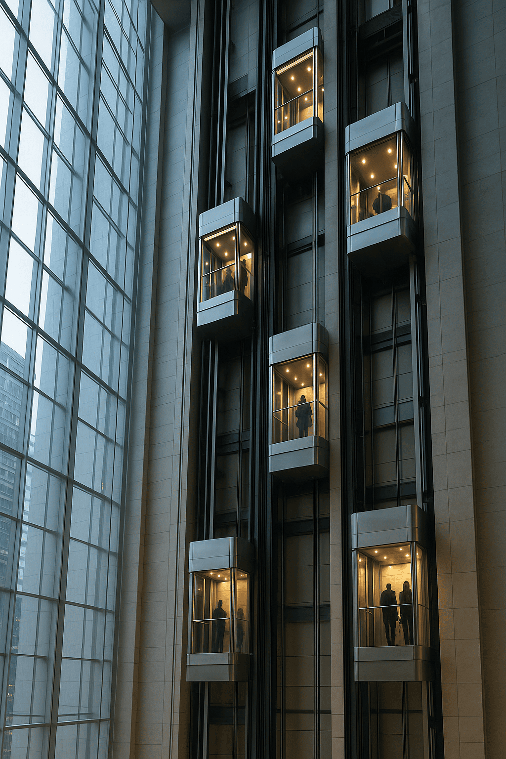 Interior de rascacielos mostrando varios elevadores en operación