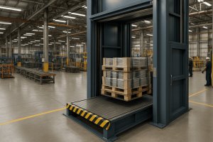 Elevador industrial en planta de producción operando cargas pesadas