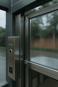 Detalle de materiales resistentes en elevador exterior bajo lluvia