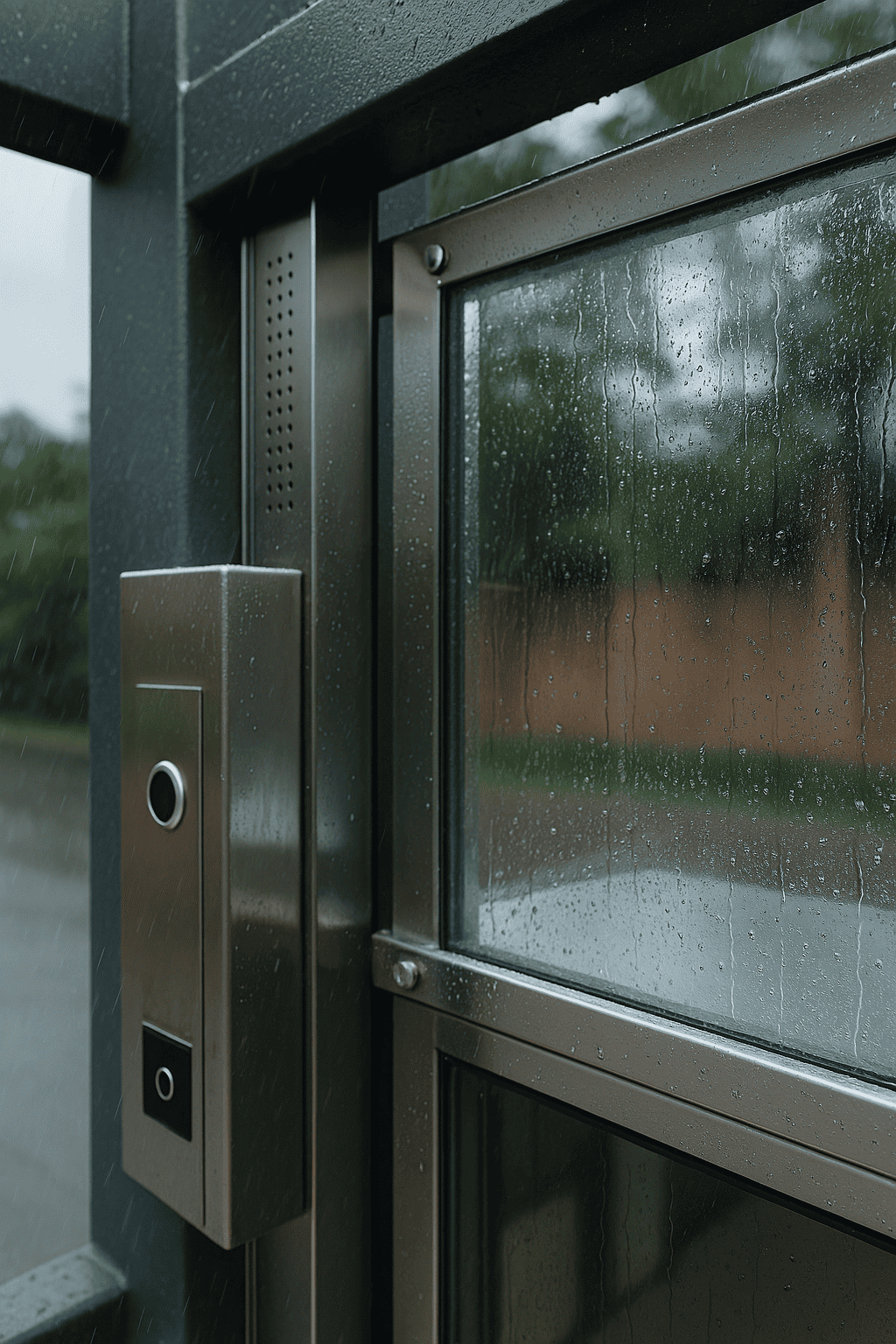Detalle de materiales resistentes en elevador exterior bajo lluvia