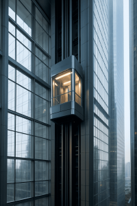 Elevador de alta velocidad ascendiendo en un rascacielos moderno