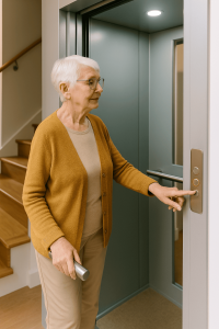 Persona mayor usando elevador residencial de forma segura