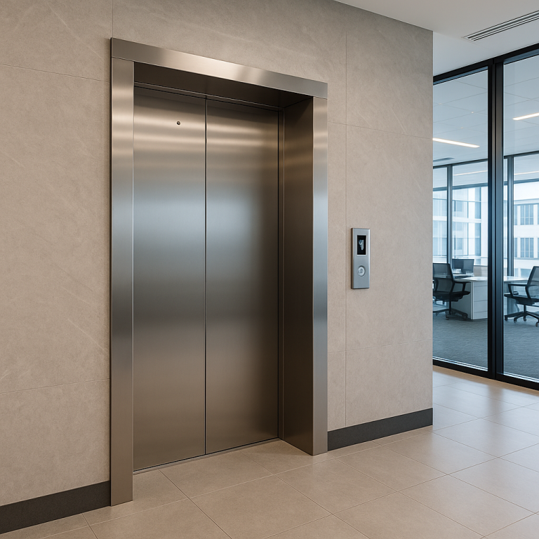 Elevador comercial moderno en un edificio de oficinas con puertas de acero inoxidable