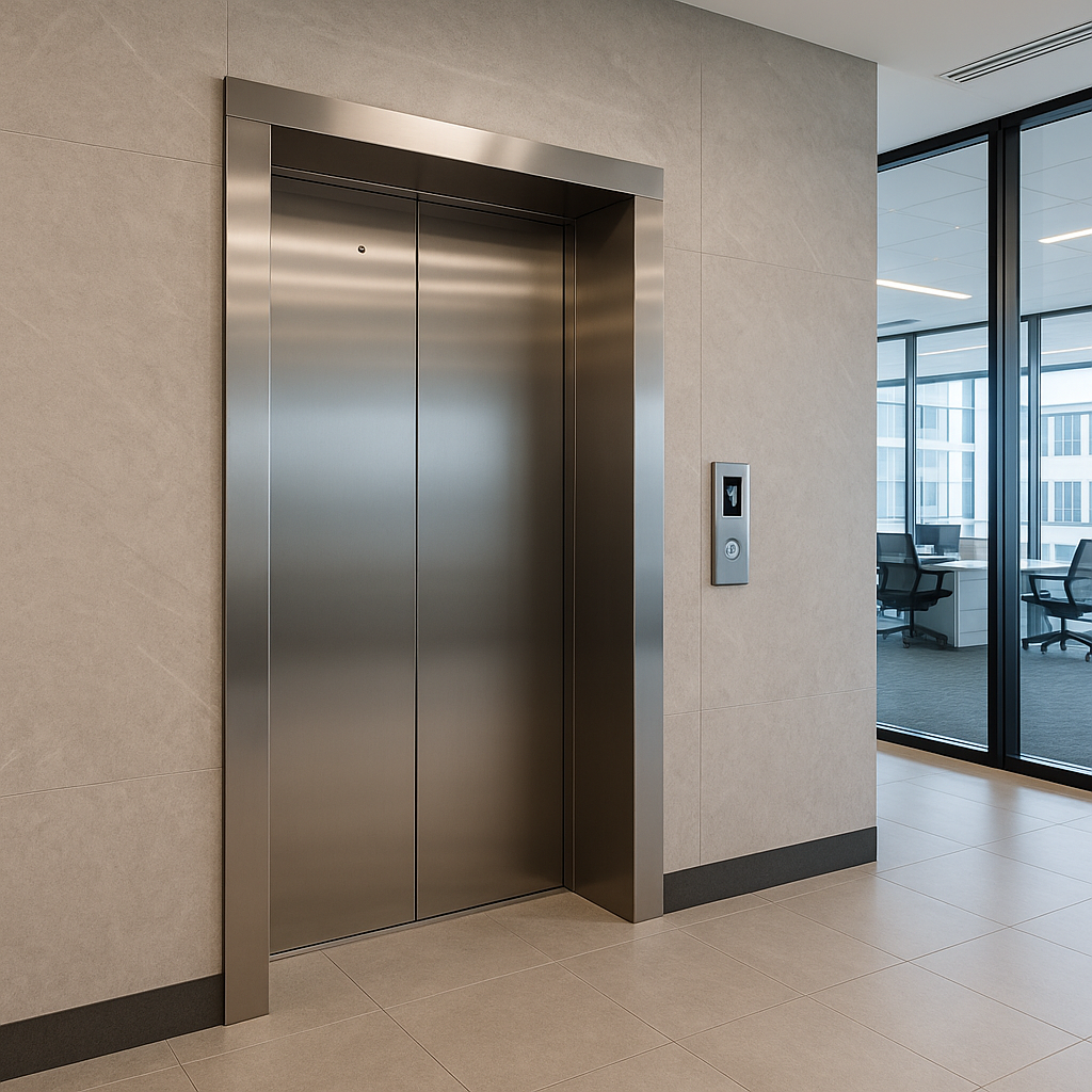 Elevador comercial moderno en un edificio de oficinas con puertas de acero inoxidable
