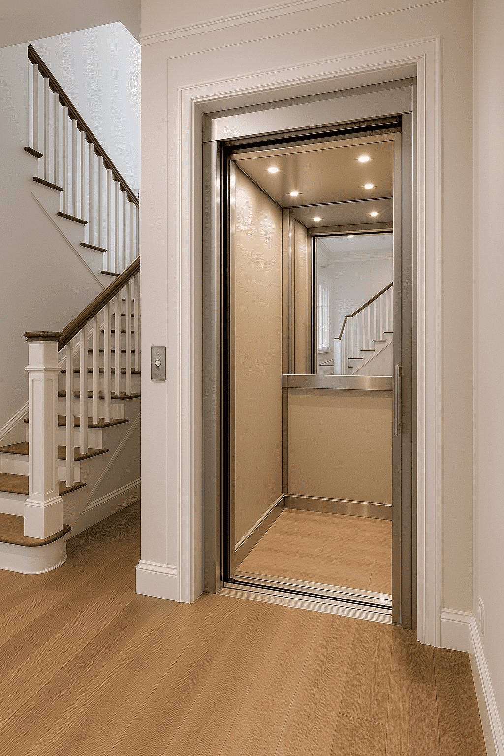 Elevador residencial moderno de vidrio y acero instalado dentro de una casa elegante con escalera de madera.