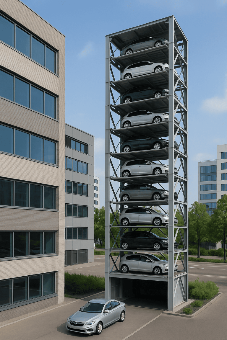 Torre de estacionamiento automatizada con autos apilados en niveles dentro de una estructura metálica en una ciudad moderna.