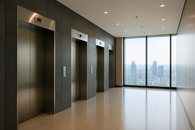 Pasillo de un rascacielos con elevadores modernos frente a un ventanal que muestra la ciudad