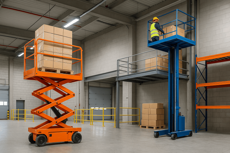 Elevador montacargas de tijera y de columna en funcionamiento dentro de un almacén industrial moderno