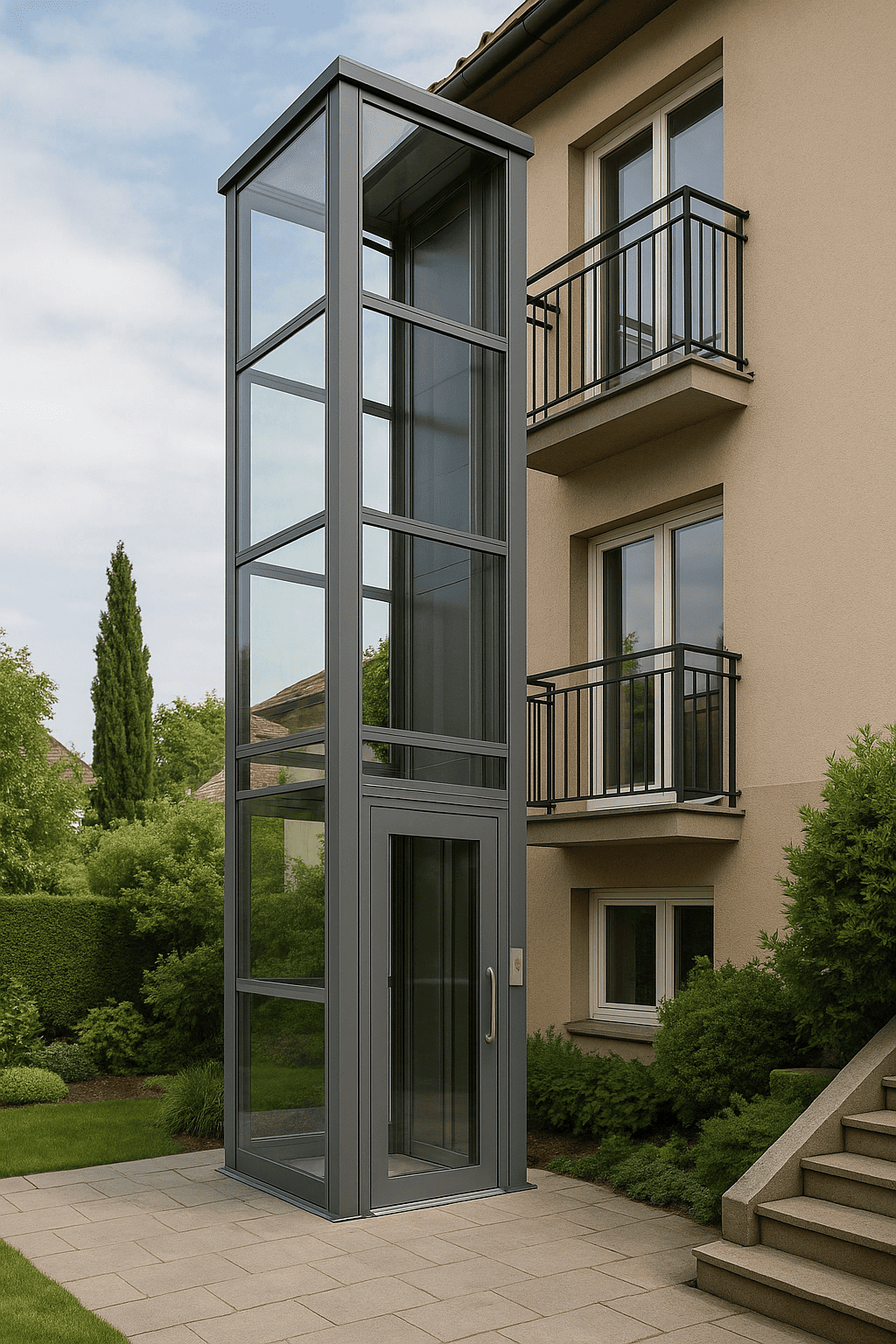 Vivienda moderna con un elevador exterior de vidrio y estructura metálica junto a un jardín.
