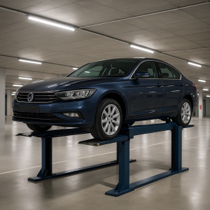Elevador para autos moderno levantando un vehículo en un estacionamiento seguro y bien iluminado