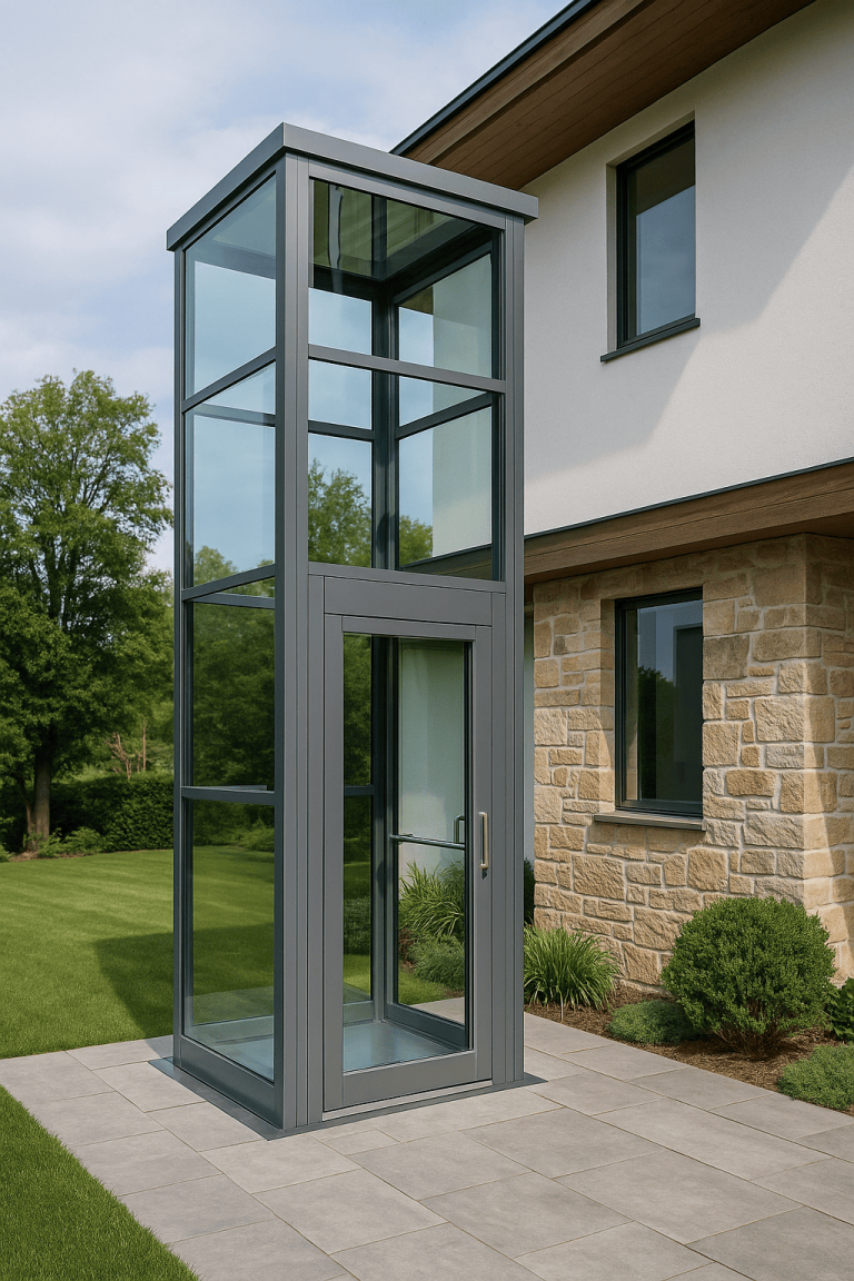 Elevador exterior de vidrio y metal instalado en la fachada de una casa moderna con jardín