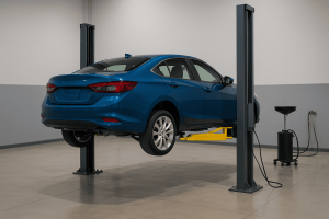 Auto azul sobre un elevador hidráulico moderno en un taller mecánico