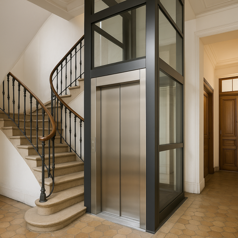 Elevador moderno de vidrio y metal instalado en un edificio antiguo junto a una escalera de piedra clásica