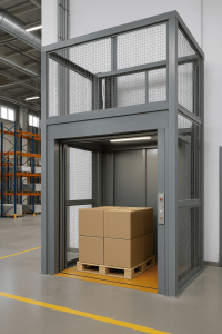 Elevador montacargas industrial con plataforma metálica transportando cajas en un almacén moderno con estanterías