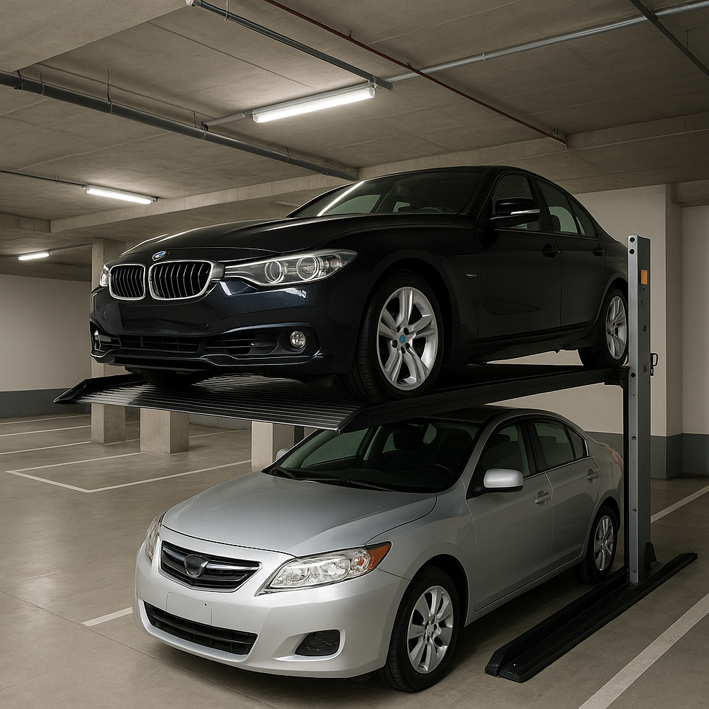 Estacionamiento moderno con un elevador para autos compacto que sostiene un vehículo arriba y otro estacionado debajo.