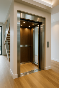 Elevador residencial moderno con interior de madera y acabados en acero inoxidable, integrado en una casa contemporánea con iluminación LED