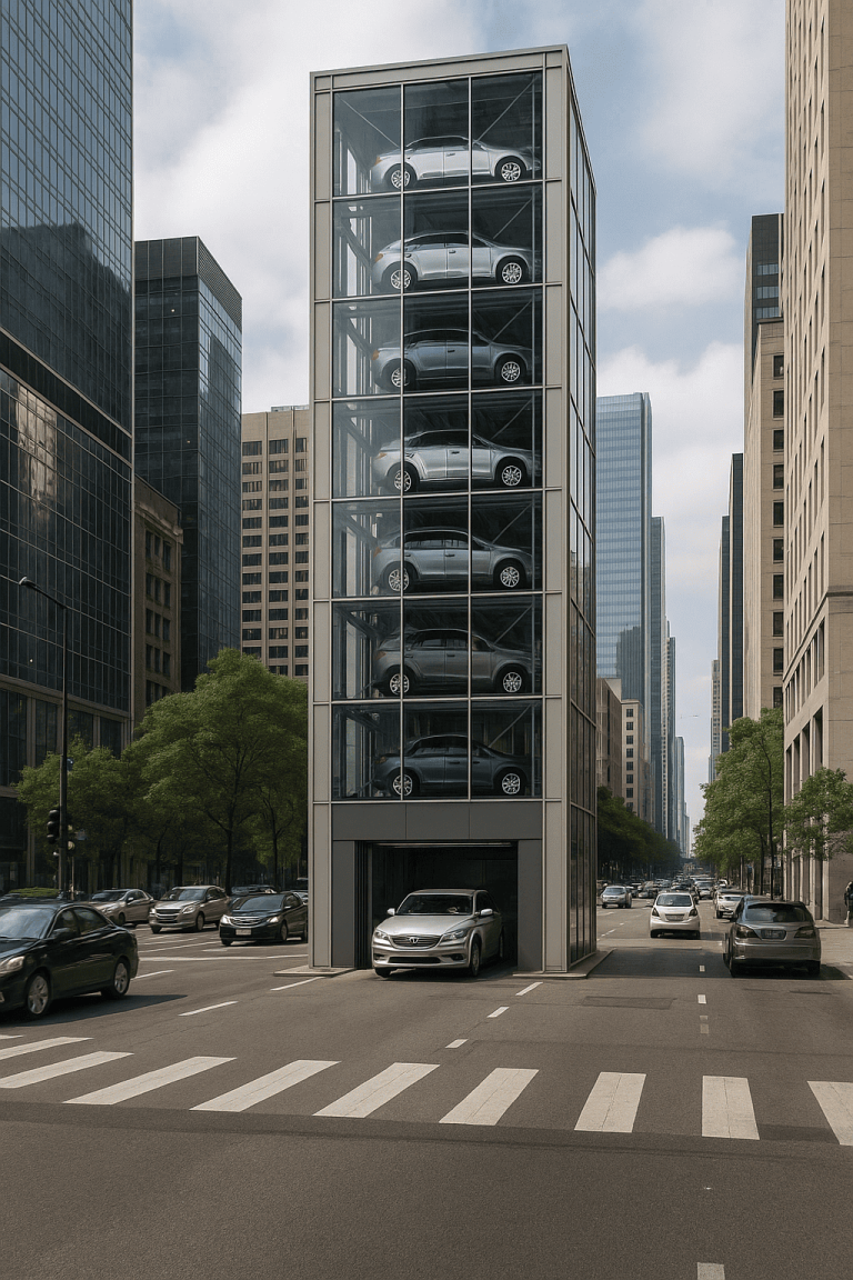Torre de estacionamiento automatizada en pleno centro urbano, con autos almacenados en varios niveles y tráfico fluido alrededor