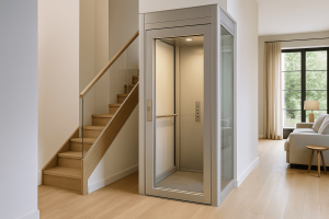 Elevador residencial compacto de vidrio y acero instalado en el interior de una casa moderna junto a una escalera de madera y sala iluminada