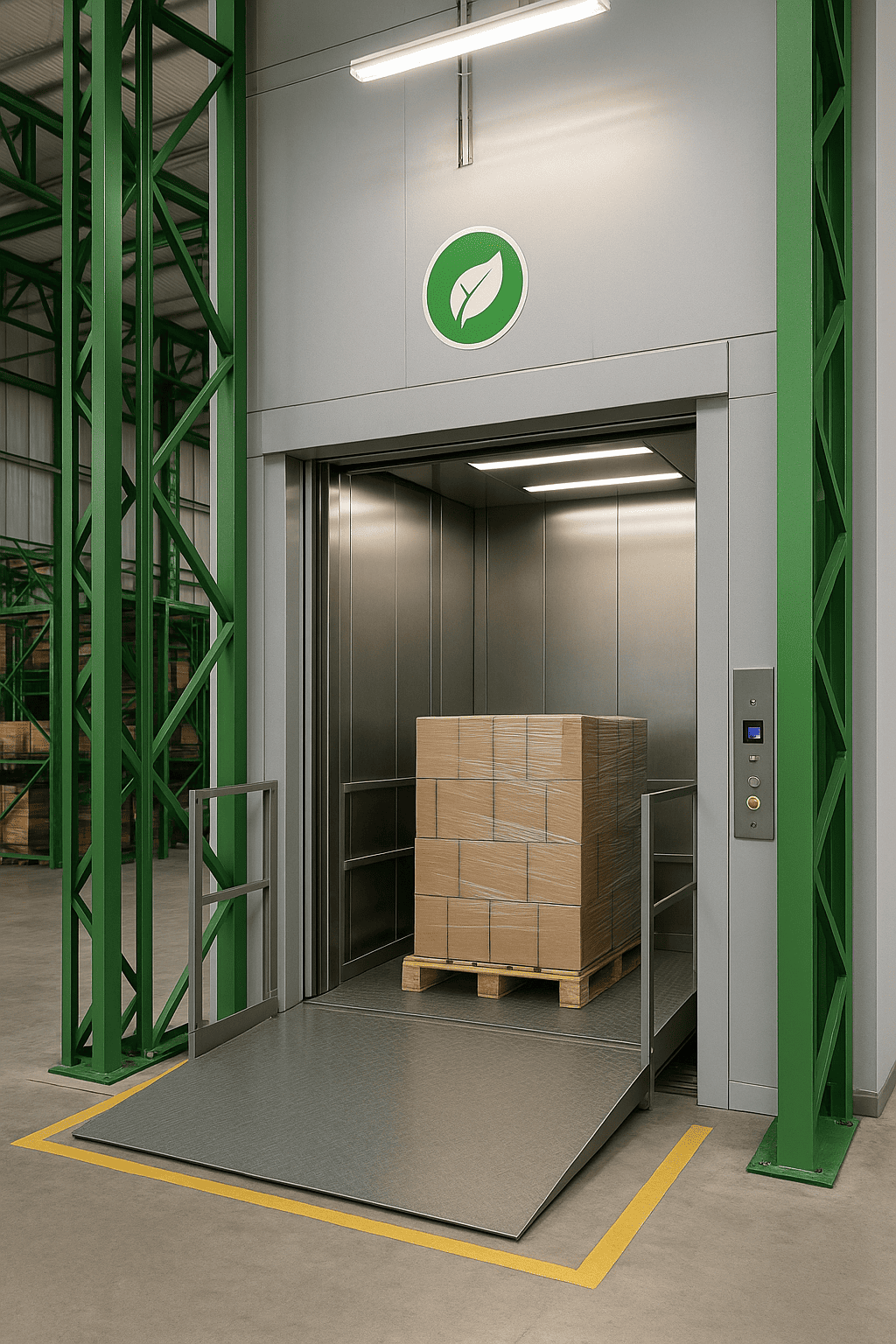 Elevador montacargas industrial moderno con pallets de cajas en un almacén, rodeado de estructura metálica verde que simboliza sostenibilidad