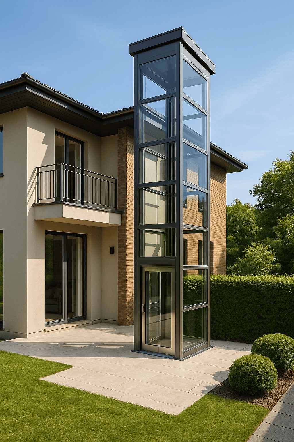 Elevador exterior panorámico de vidrio y acero integrado en la fachada de una casa residencial de varios pisos con diseño contemporáneo