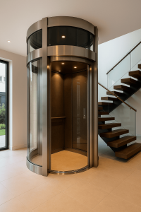 Elevador residencial de lujo con cabina de vidrio y acero, ubicado en el interior de una casa moderna junto a una escalera flotante