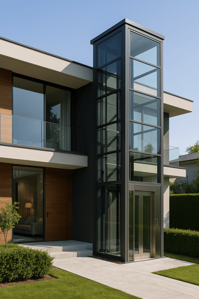 Elevador exterior de vidrio y acero instalado en la fachada de una casa contemporánea de dos pisos con diseño elegante y jardín cuidado
