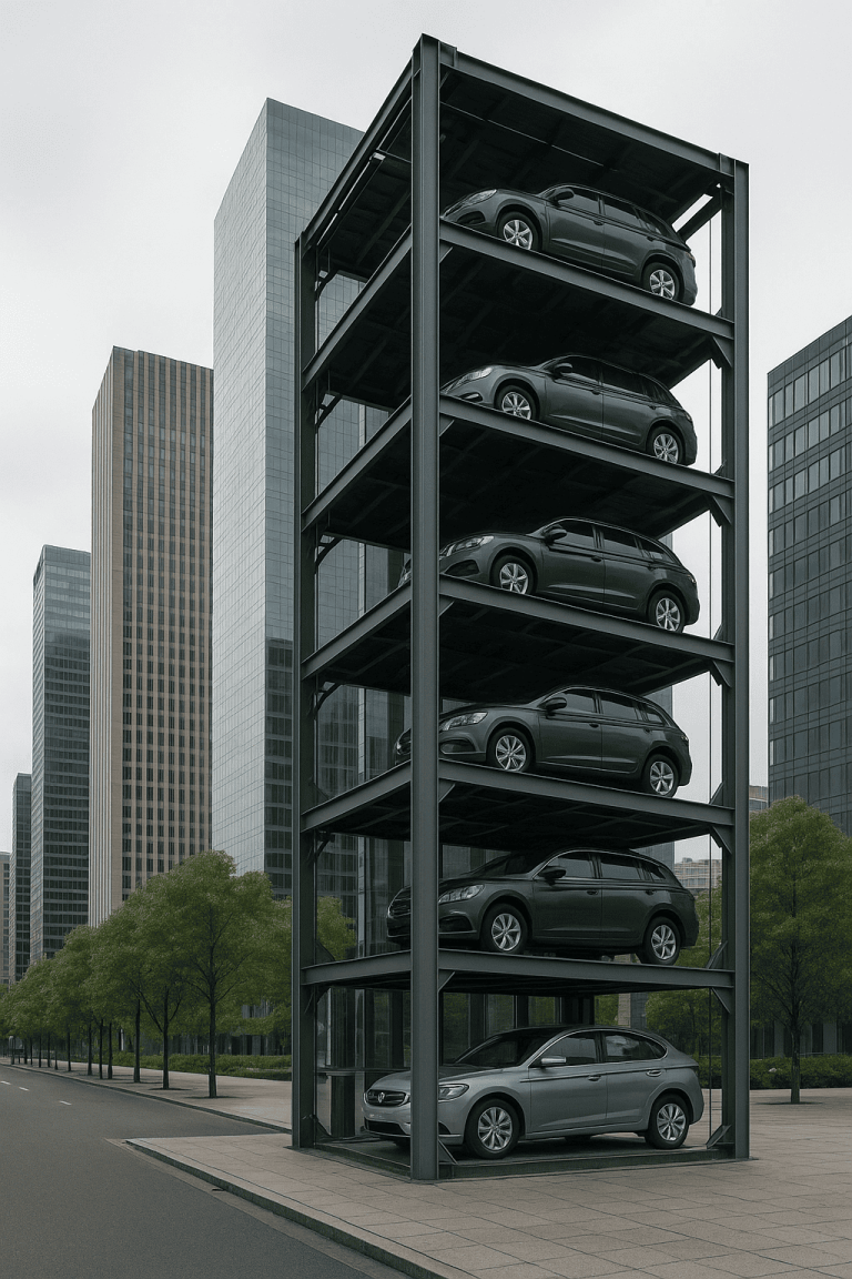 Torre automatizada de estacionamiento urbano con varios autos en plataformas verticales, rodeada de edificios modernos