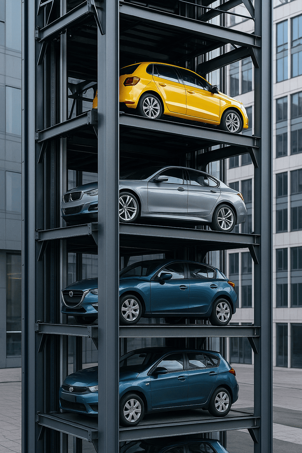 Torre automatizada de estacionamiento con autos distribuidos en varios niveles verticales, ubicada en un entorno urbano moderno