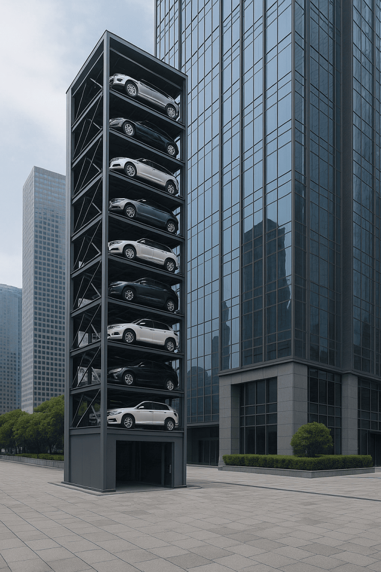 Torre de estacionamiento vertical con múltiples autos, instalada junto a un rascacielos moderno en una ciudad contemporánea