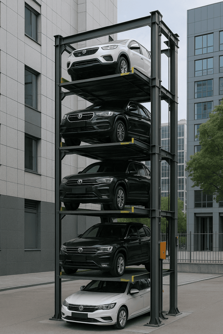 Torre de estacionamiento moderna en ciudad, con autos distribuidos en plataformas verticales de varios niveles