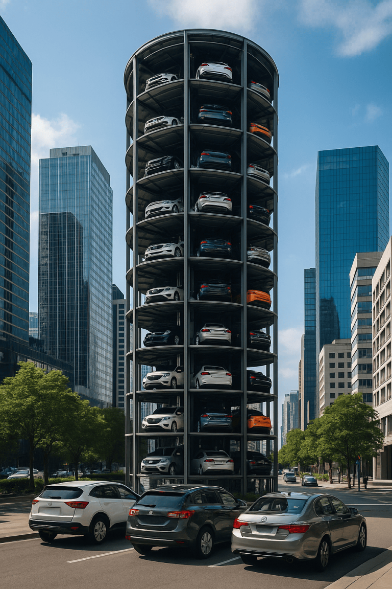Torre de estacionamiento automatizada en una ciudad moderna con autos visibles en varios niveles, rodeada de edificios altos y calles transitadas