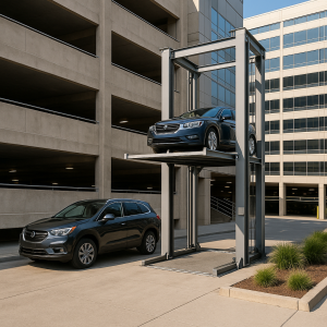Elevador para autos moderno elevando un sedán azul junto a un estacionamiento tradicional de varios niveles en un entorno urbano contemporáneo