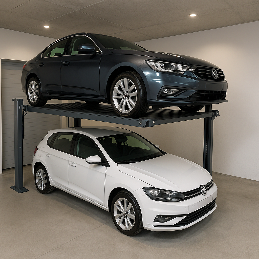 elevador para autos moderno instalado en un garaje con un coche elevado y otro debajo