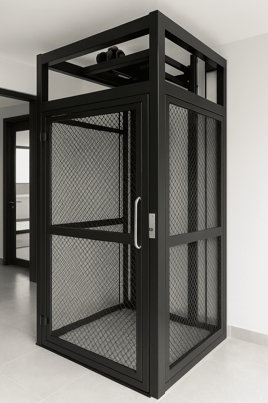 elevador montacargas moderno con interior de acero inoxidable en un edificio contemporáneo