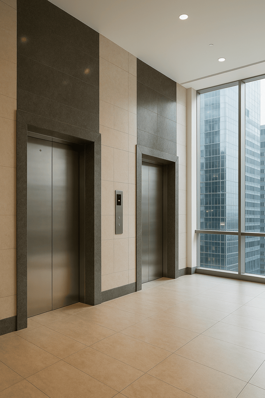 elevador moderno en el interior de un edificio alto con vista urbana y diseño elegante