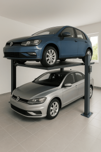 elevador para autos moderno en un garaje residencial con un vehículo elevado