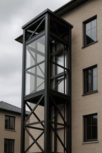 elevador exterior de vidrio con estructura metálica negra junto a edificio moderno