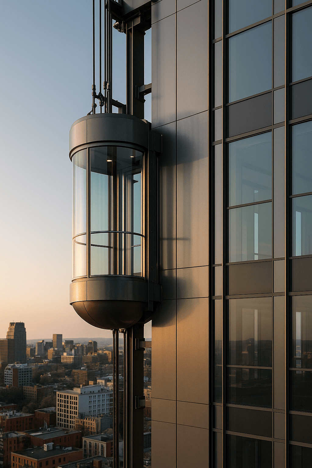elevador panorámico exterior de vidrio instalado en edificio moderno con vista urbana