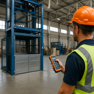 operador usando control remoto inalámbrico para manejar un elevador montacargas moderno en entorno industrial