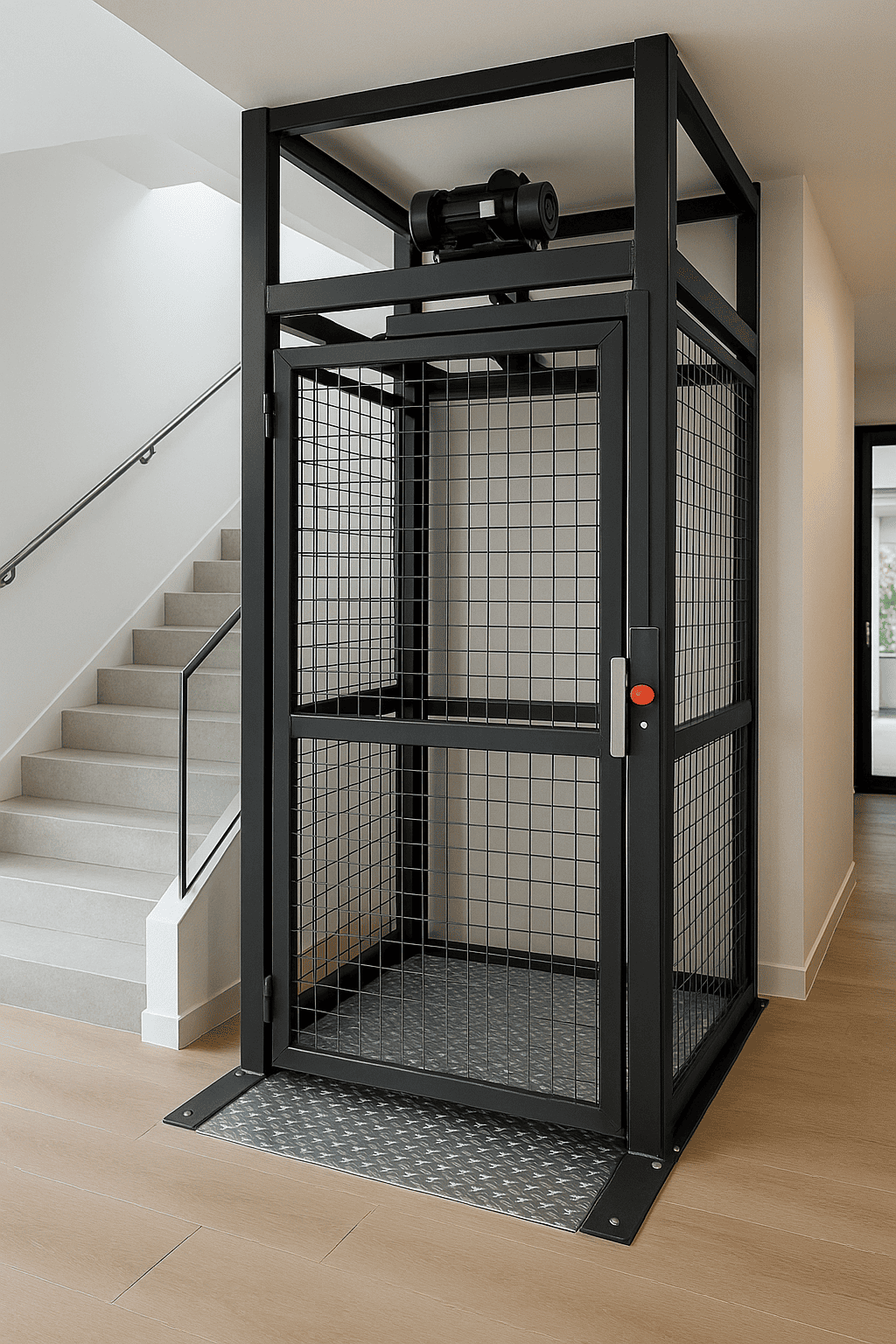 montacargas residencial moderno de vidrio y acero instalado en el interior de una casa elegante