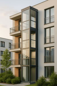 elevador residencial silencioso moderno de vidrio y acero en edificio multifamiliar