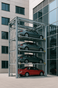 elevadores de estacionamiento automatizado en una estructura vertical con autos en diferentes niveles