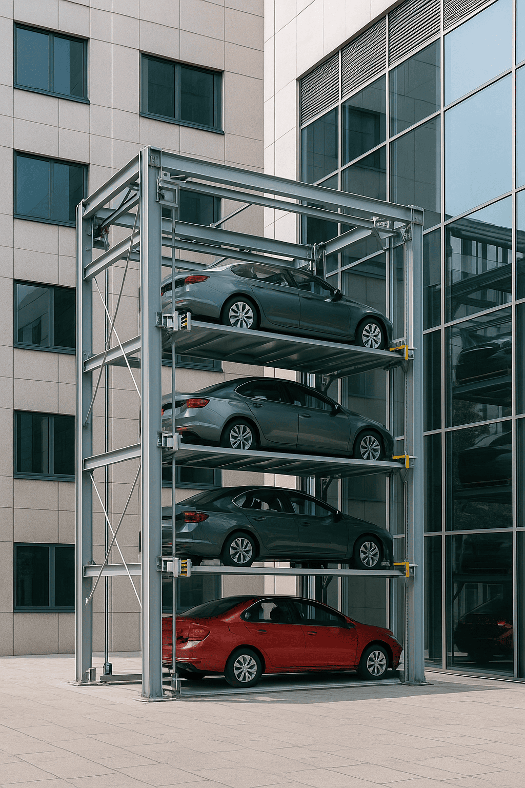 elevadores de estacionamiento automatizado en una estructura vertical con autos en diferentes niveles