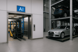 ilustración moderna de elevadores y torres de estacionamiento con inteligencia artificial