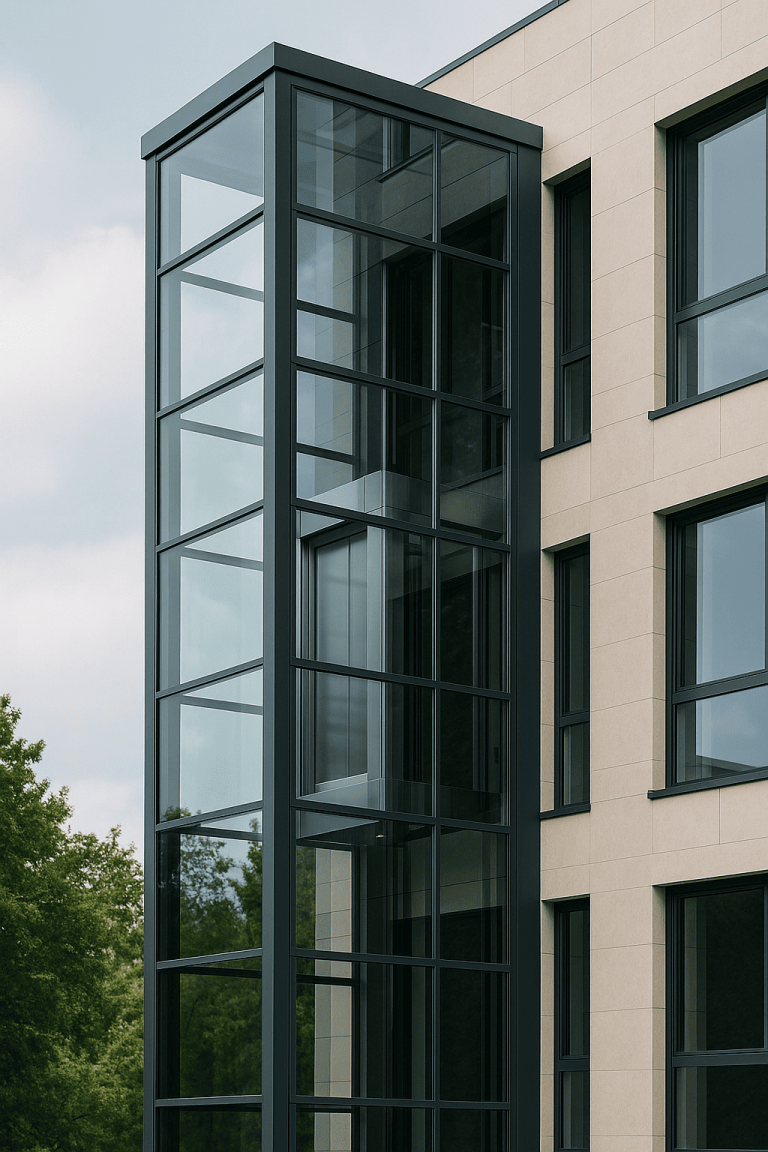elevador moderno de vidrio y acero integrado en un edificio con diseño arquitectónico elegante