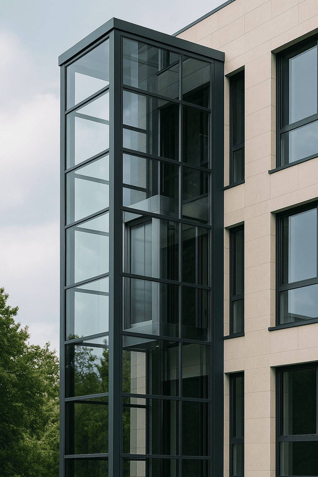 elevador moderno de vidrio y acero integrado en un edificio con diseño arquitectónico elegante
