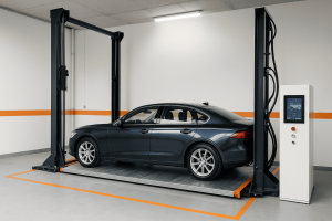 elevador para autos moderno con sensores y pantalla digital en garaje automatizado